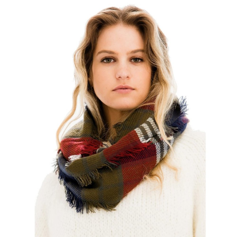 Plaid Infinity Scarf - Olive/Burgundy/Navy